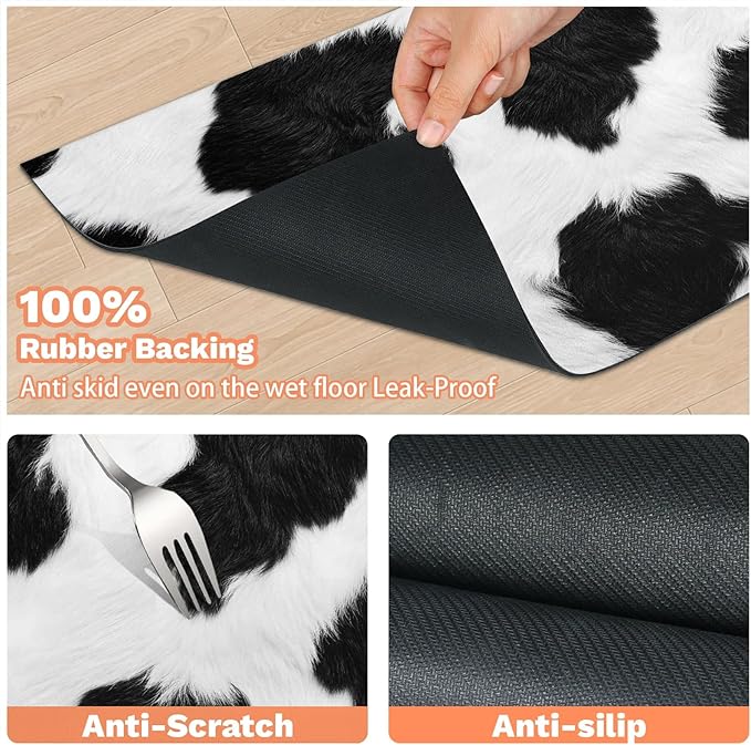 Cowhide Print Dog Food Mat for Floors Absorbent Dog Bowl Mat for Food and Water Dispenser Quick Dry Cat Food Placemat Pet Supplies 17" x 30", Black Milk Cow