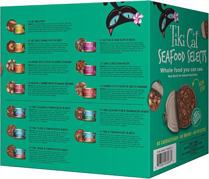 Tiki Cat Seafood Selects, Ultimate Variety Pack, 36 High Protein Servings with Real Flaked Fish, Wet Cat Food Mega Pack, 2.8 and 3 oz. Cans (Pack of 72)