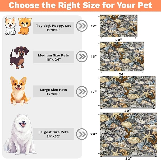 Nautical Coastal Dog Food Mat for Floors Absorbent Dog Bowl Mat for Food and Water Dispenser Quick Dry Cat Food Placemat Pet Supplies 24" x 32", Vintage Seashell