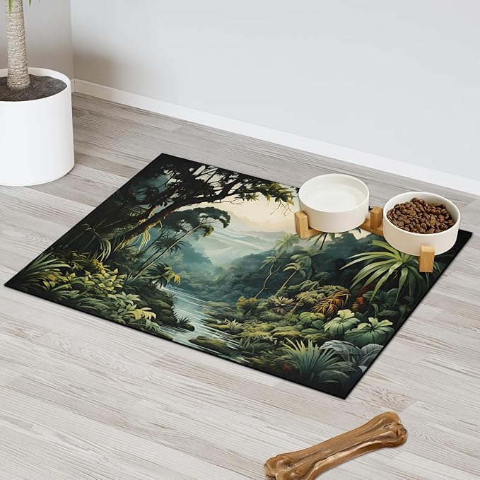 Tropical Rainforest Dog Food Mat for Floors Absorbent, Quick Dry Water Dispenser Mat for Food, Water, Pet Supplies 17" x 30", Green Forest