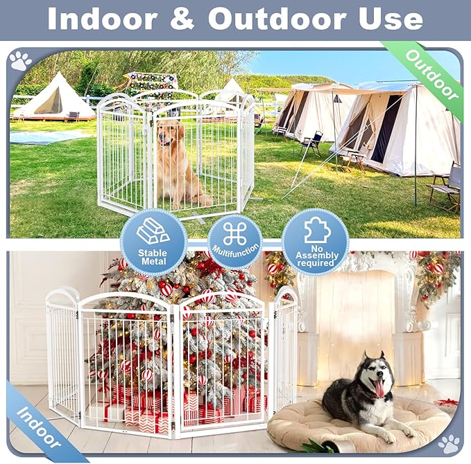 Full Metal Free Standing Dog Gate with Door for Indoor Outdoor, 144'' Extra Wide 36'' Tall Dog Gate for Doorways,Large Openings,Decks,Freestanding Portable Pet Fence(6 Panels,White)