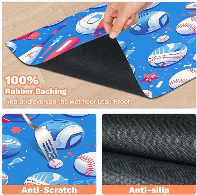 Baseball Dog Food Mat for Floors Absorbent, Quick Dry Water Dispenser Mat for Food, Water, Pet Supplies 24" x 32", 4th of July