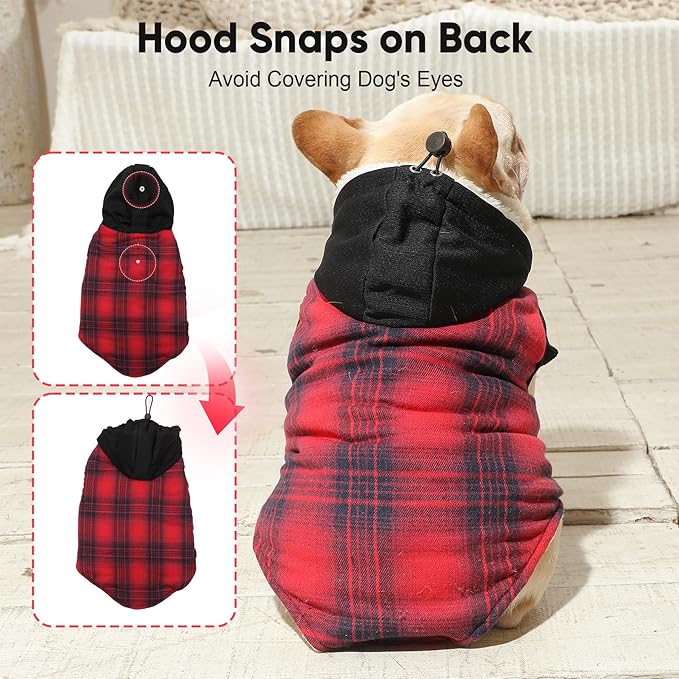 Fleece Lining Dog Hoodie for Medium Dogs Extra Warm Plaid Sweater with Drawstring Hooded Coats in Winter Doggie Jacket,Red XL