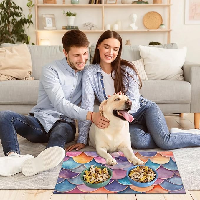 Mermaid Scale Dog Food Mat for Floors Absorbent Dog Bowl Mat for Food and Water Dispenser Quick Dry Cat Food Placemat Pet Supplies 17" x 30", Fish Scale