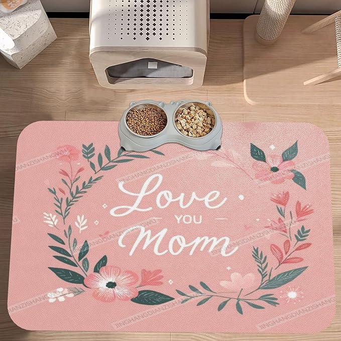 Dog Food Mat for Floors Absorbent Quick Drying Happy Mother's Day Floral Gift for Mom Hu Pet Cat Food Mat Easy-to-Clean Pet Feeding Mats Dog Bowl Mats 24x16In