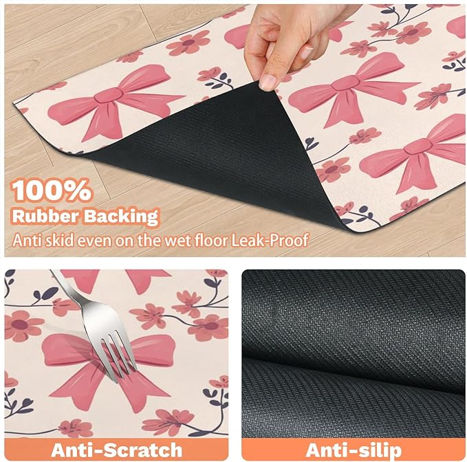Pink Bow Dog Food Mat for Floors Absorbent, Quick Dry Water Dispenser Mat for Food, Water, Pet Supplies 17" x 30", Flower