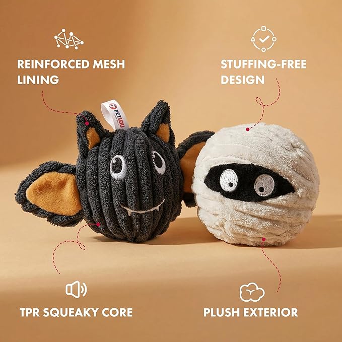 Pet Lou Batmmy EZ Squeaky Ball Dog Toy, Twin Pack (4"), Bat & Mummy Head, Durable Plush Dog Squeaker Toys, Stuffing-Free Pet Supplies for Small & Medium Dogs