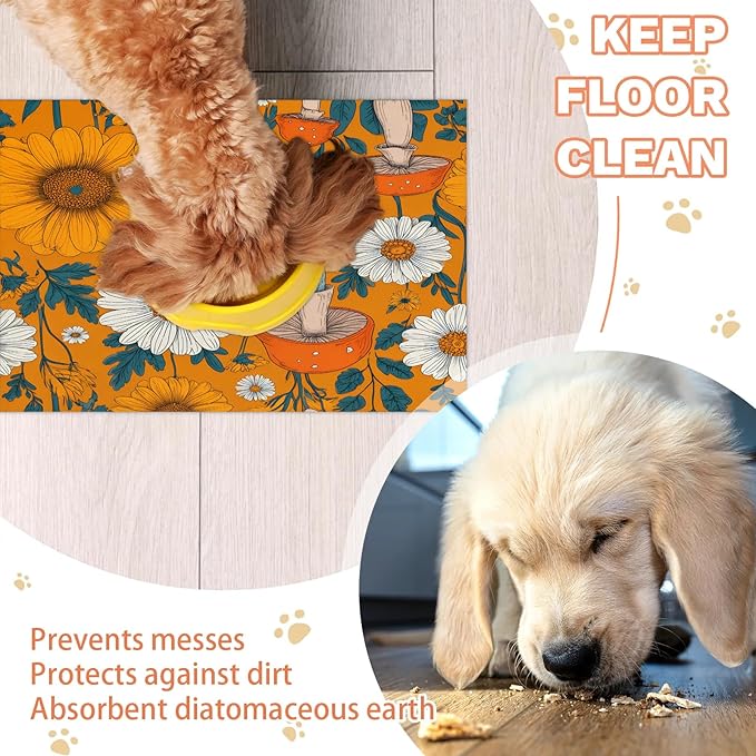 Mushroom Dog Food Mat for Floors Absorbent Dog Bowl Mat for Food and Water Dispenser Quick Dry Cat Food Placemat Pet Supplies 16" x 24", Daisy Flower