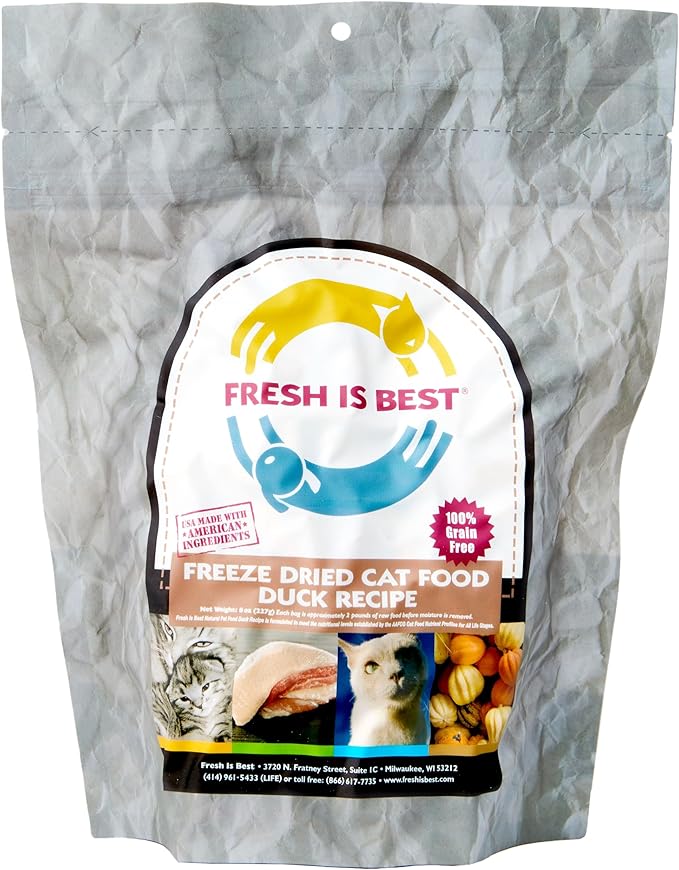Fresh Is Best Duck Freeze Dried Cat Food – Raw Cat Food for Kittens & Adult Felines – High-Protein Freeze Dried Duck in Resealable Zipper Bag – Made in The USA – 8 oz