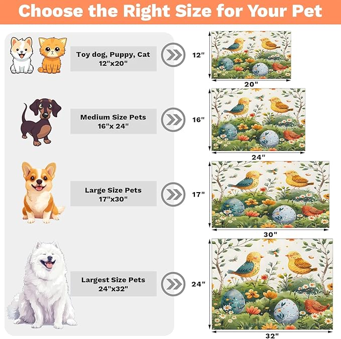 Easter Eggs Dog Food Mat for Floors Absorbent Dog Bowl Mat for Food and Water Dispenser Quick Dry Cat Food Placemat Pet Supplies 16" x 24", Floral Bird