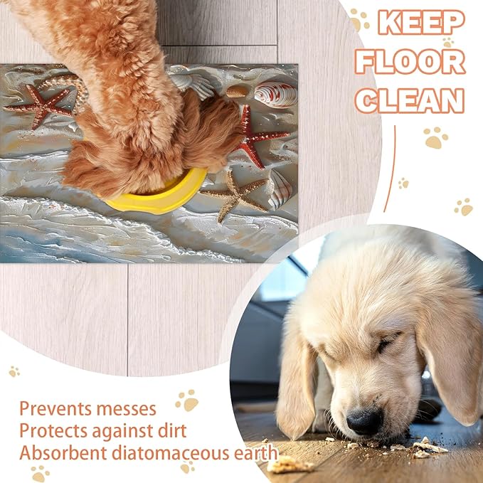 Nautical Coastal Dog Food Mat for Floors Absorbent Dog Bowl Mat for Food and Water Dispenser Quick Dry Cat Food Placemat Pet Supplies 17" x 30", Beach Seashell Starfish