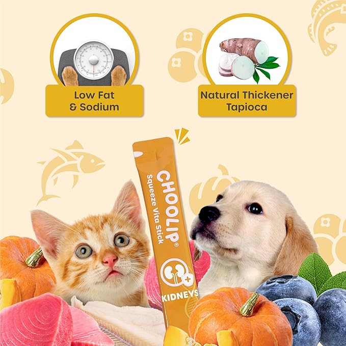 Choolip Squeeze Vita Stick Lickable Cat and Dog Treats, 7-Count Kidney Support, Tuna and Pollack with Cranberry, CoQ10 and Omega-3, Grain-Free, Vet-Formulated