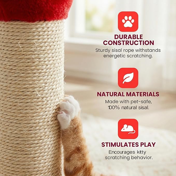 Cat Scratching Post for Small Space, 22'' Scratching Posts for Indoor Cats Adults, Extra Wide 13.4" Stable Base & Natural Sisal, Cute Cat Scratching Post with Short Plush Fabric for Large Cats, Red