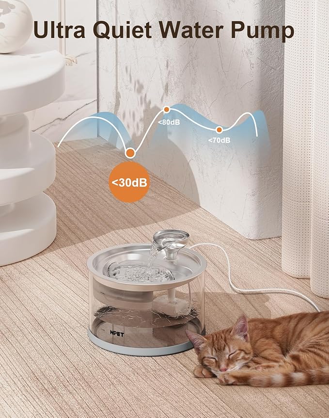 NPET N280 Cat Water Fountain Glass, 95oz/2.8L Automatic Pet Fountain Dog Stainless Steel Tray, Water Dispenser for Cats, Dogs, Multiple Pets (Water Fountain + 1 Filters)
