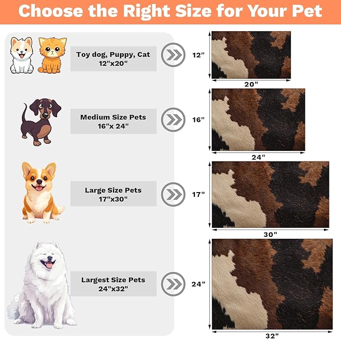 Cow Print Dog Food Mat for Floors Absorbent Dog Bowl Mat for Food and Water Dispenser Quick Dry Cat Food Placemat Pet Supplies 12" x 20", Farm Skin