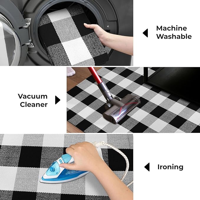 KOZYFLY Buffalo Plaid Area Rugs 27.5x43 Inches Black and White Checkered Rug Washable Front Door Mat Hand Woven Cotton Outdoor Rug Small Rug for Front Porch Kitchen Entryway Patio Bathroom