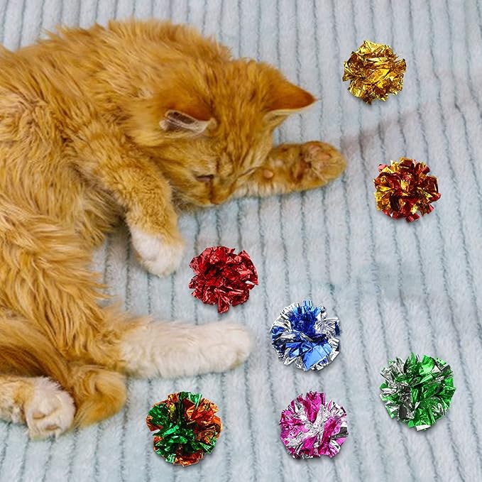 Silkfly 50 Pcs Polyester Film Crinkle Balls Cat Toys 2.36" Interactive Crinkle Ball, Colorful Balls Chew Toy for Cat Chase Ball Toys Attract Cats for Indoor Cats and Kittens to Keep Fit and Active