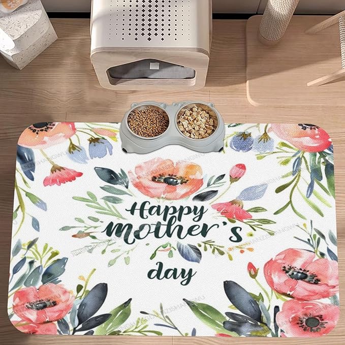 Pet Feeding Mats with Residue Collection Happy Mother's Day Floral Gift for Mom Lj Waterproof Dog Cat Bowl Mat 24x16In with Prevent Water Food Spills