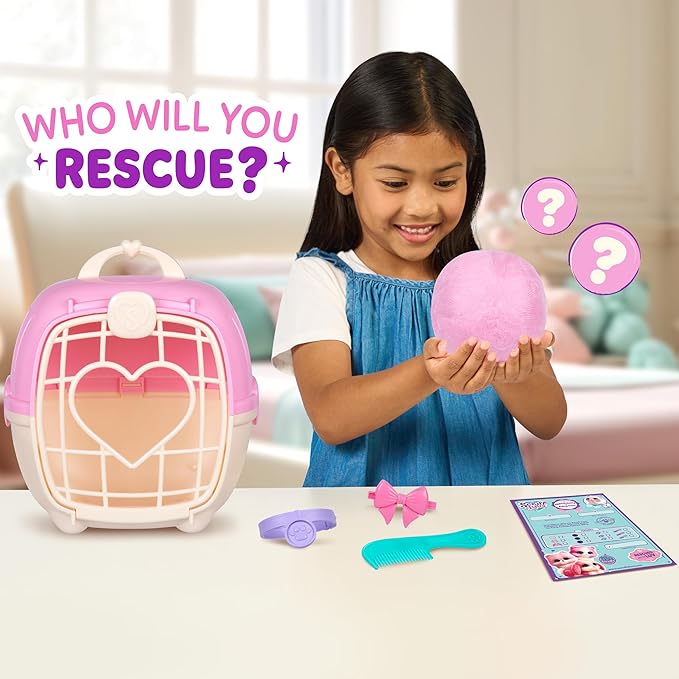 SCRUFFALUVS Pink Surprise Pet, Mystery Plush Toys, Stuffed Animals, Wash to Reveal 1 of 3 Rescue Surprise Toy Pets: Puppy, Bunny, or Kitty - Includes 8.7" Deluxe Carrier - Styles May Vary