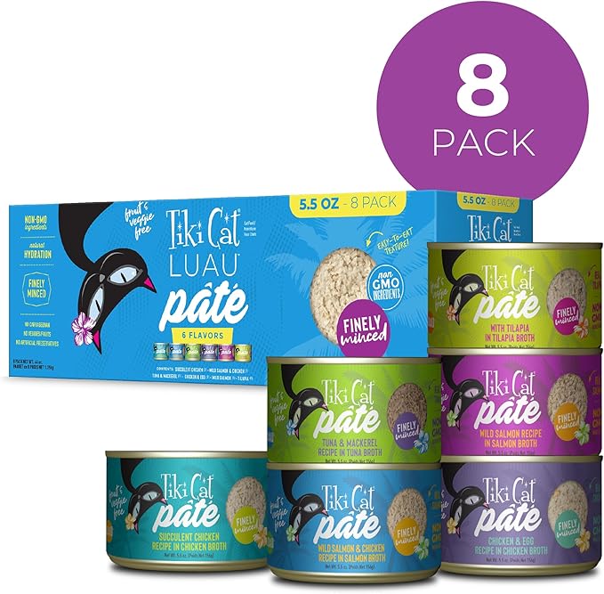 Tiki Cat Luau Pate Variety Pack, Succulent Combinations of Real Protein, Grain-Free Balanced Nutrition Wet Canned Cat Food, For All Life Stages, 5.5 oz. Cans (Pack of 8)