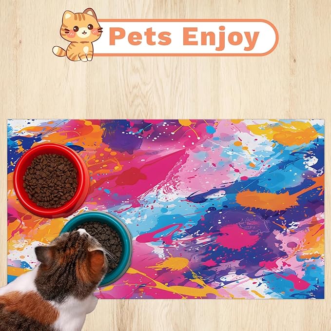 Colorful Graffiti Dog Food Mat for Floors Absorbent Dog Bowl Mat for Food and Water Dispenser Quick Dry Cat Food Placemat Pet Supplies 17" x 30", Funny Cool