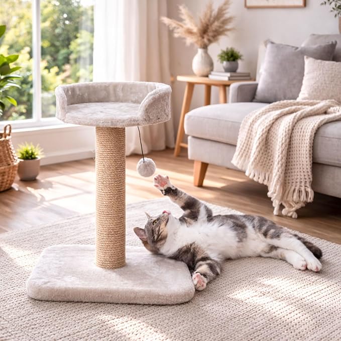 Trixie Mica Cat Scratching Post 18.1 Inch - Cat Scratcher with Soft Fabric Covering Base and Durable Sisal Rope - with Padded Platform & Dangling Cat Toy - in Greige