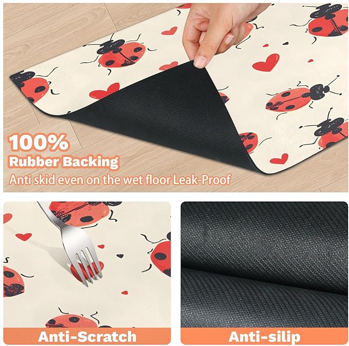 Red Ladybird Dog Food Mat for Floors Absorbent, Quick Dry Water Dispenser Mat for Food, Water, Pet Supplies 12" x 20", Red Love