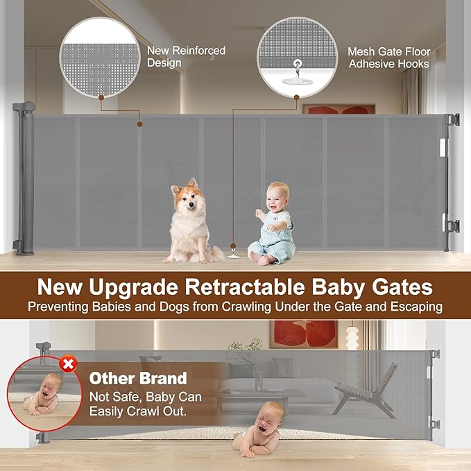 150 inch Retractable Baby Gates 42 inch Tall, Retractable Gate with Reinforced Strip Design to Prevent Crawling Through, 12 FT Extra Wide Retractable Dog Gate for Indoor/Outdoor