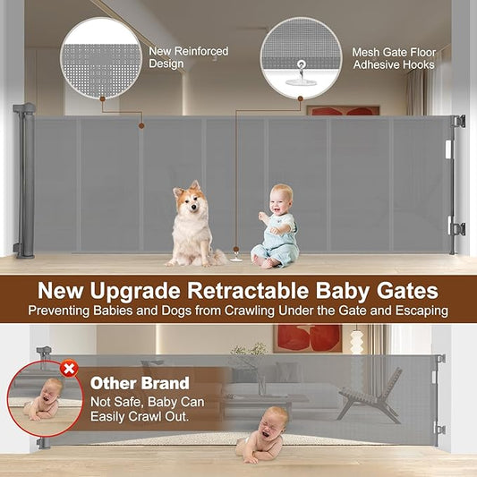 150 inch Retractable Baby Gates 34 inch Tall, Retractable Gate with Reinforced Strip Design to Prevent Crawling Through, 12 FT Extra Wide Retractable Dog Gate for Indoor/Outdoor