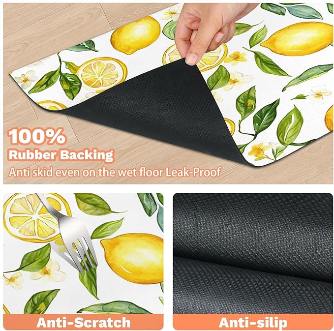 Yellow Lemon Dog Food Mat for Floors Absorbent Dog Bowl Mat for Food and Water Dispenser Quick Dry Cat Food Placemat Pet Supplies 24" x 32", Green Leaves Plant