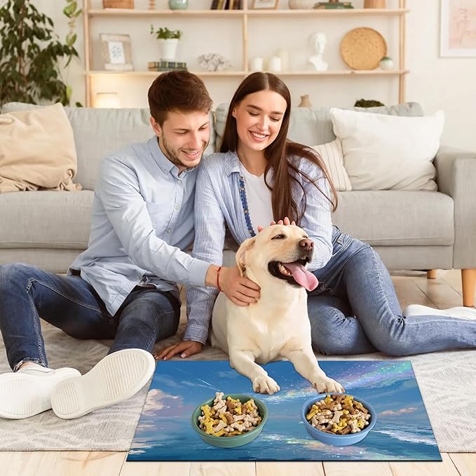Sea Dog Food Mat for Floors Absorbent, Quick Dry Water Dispenser Mat for Food, Water, Pet Supplies 12" x 20", Rainbow