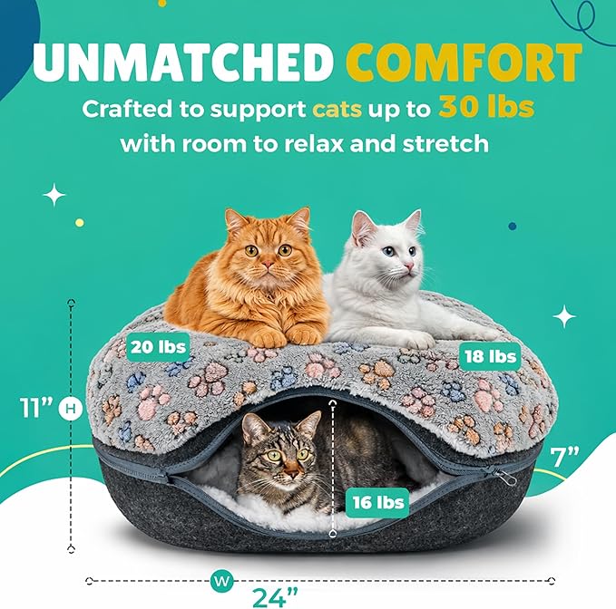 RINGTAIL Peekaboo Cat Cave Donut for Multiple & Large Cats Up to 30-45 lb, 3-in-1 Self Warming Cat Bed Tunnel with 2 Soft Fluffy Fleece Pet Blankets, Scratch, Detachable & Washable (Dark Gray, Large)