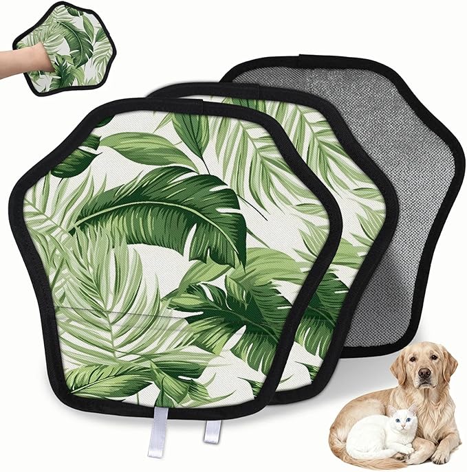 Palm Tree Leaves Electrostatic Pet Hair Removal Glove for Cats & Dogs - Reusable Grooming Mitt for Couch, Carpet, Car Seat & Laundry - Large 9x9 Inch