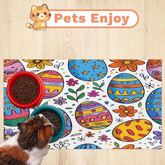 Easter Eggs Dog Food Mat for Floors Absorbent Dog Bowl Mat for Food and Water Dispenser Quick Dry Cat Food Placemat Pet Supplies 12" x 20", Colorful Flower
