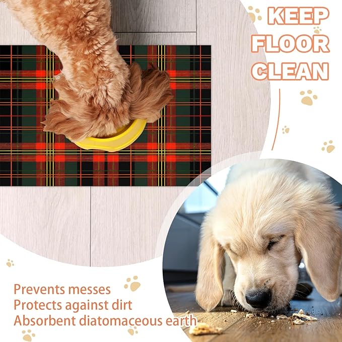 Buffalo Check Dog Food Mat for Floors Absorbent, Quick Dry Water Dispenser Mat for Food, Water, Pet Supplies 16" x 24", Red Green
