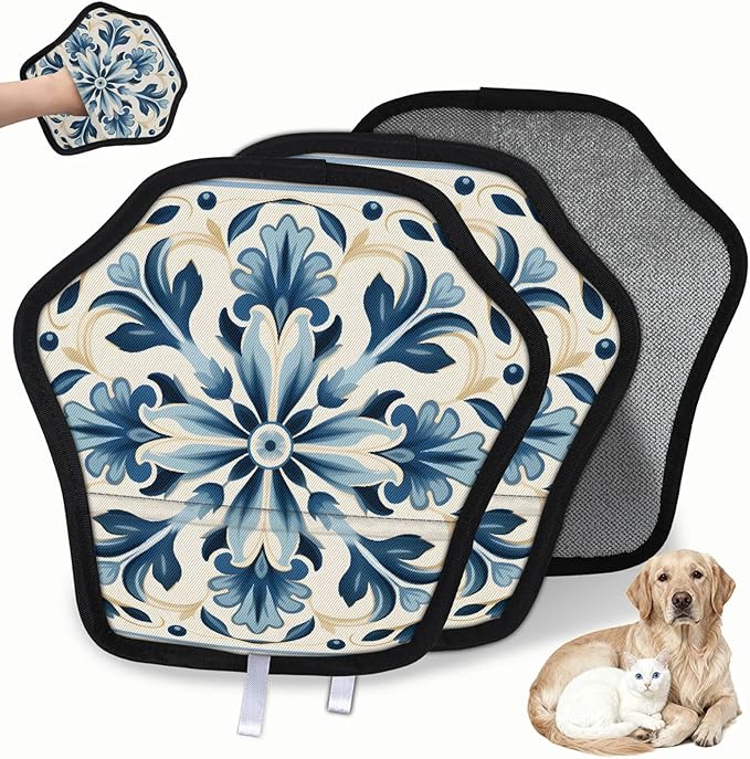 Reusable Pet Hair Removal Glove Blue Flower Magic Brush for Cat & Dog Hair Remover for Car, Sofa, Bedding, Clothes - 9x9 Mitt Washable