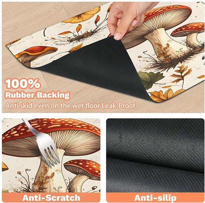 Retro Mushroom Dog Food Mat for Floors Absorbent Dog Bowl Mat for Food and Water Dispenser Quick Dry Cat Food Placemat Pet Supplies 17" x 30", Fall Leaves