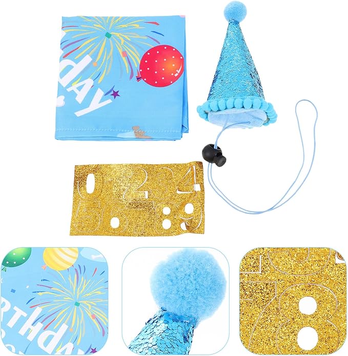 Pet Birthday Hat and Bandana Set, 3pcs Blue Party Accessory for Dogs, Puppy Birthday Decor and Pet Party Supplies