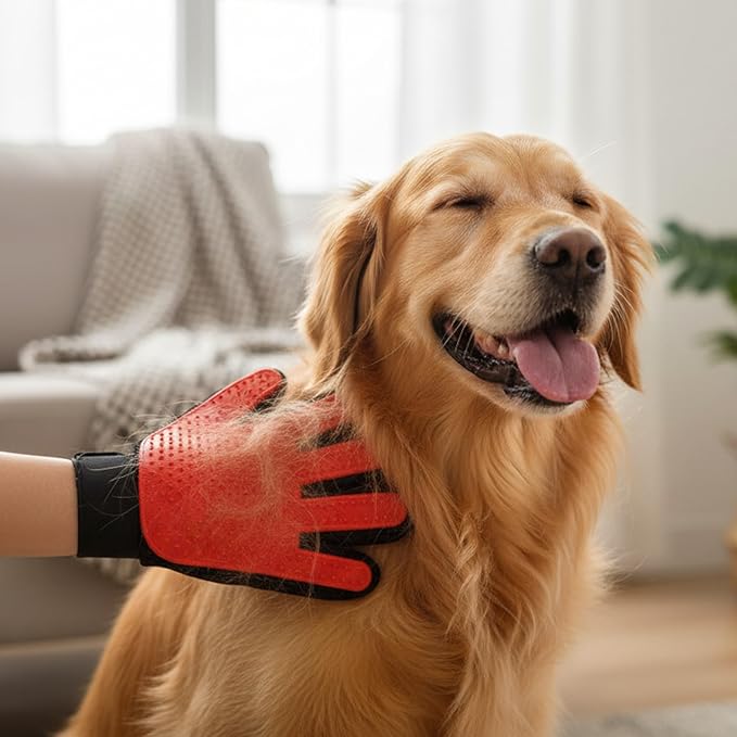 The Room Collective Pet Grooming Gloves 2-Pack, Left and Right Hand Deshedding Mitts with Soft Silicone Tips for Dogs and Cats, Blue or red (Red)