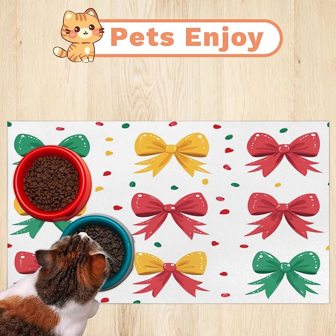 Christmas Bow Dog Food Mat for Floors Absorbent, Quick Dry Water Dispenser Mat for Food, Water, Pet Supplies 17" x 30", Colorful Cute Bow