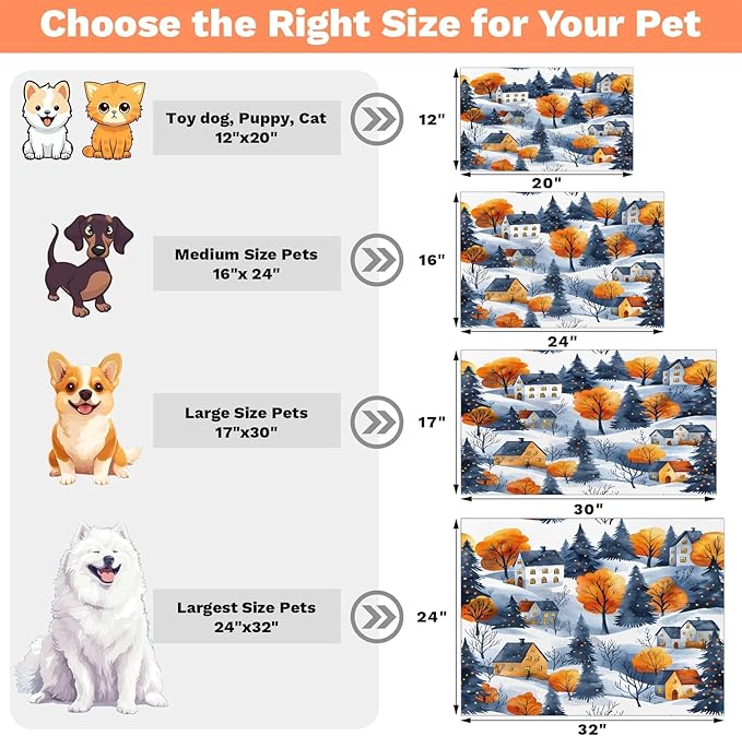 Village Hills Dog Food Mat for Floors Absorbent, Quick Dry Water Dispenser Mat for Food, Water, Pet Supplies 12" x 20", Winter Tree