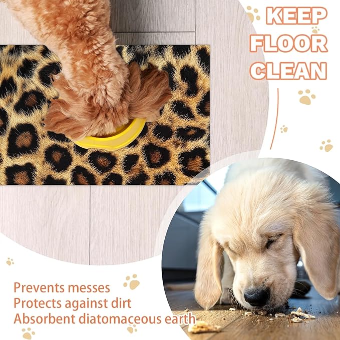 Leopard Print Dog Food Mat for Floors Absorbent Dog Bowl Mat for Food and Water Dispenser Quick Dry Cat Food Placemat Pet Supplies 17" x 30", African Cheetah