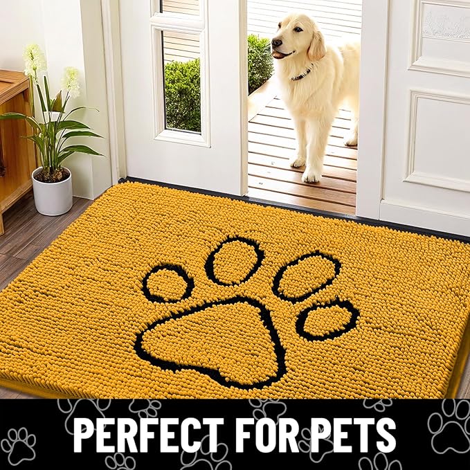 Smiry Dog Door Mat for Muddy Paws, Absorbent Dirt Trapper Non Slip Quick Dry Washable Chenille Mat for Mud Dogs, Entry Rug for Indoor and Outdoor (36x24 Inches, Golden Yellow and Black)