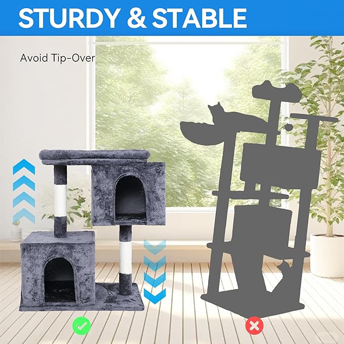 33 inches Small Cat Tree for Indoor Cats, Multi-Level Cat Trees with Scratching Posts, Padded Plush Perch, Large Condos & Playhouse for Kittens/Adult Cats