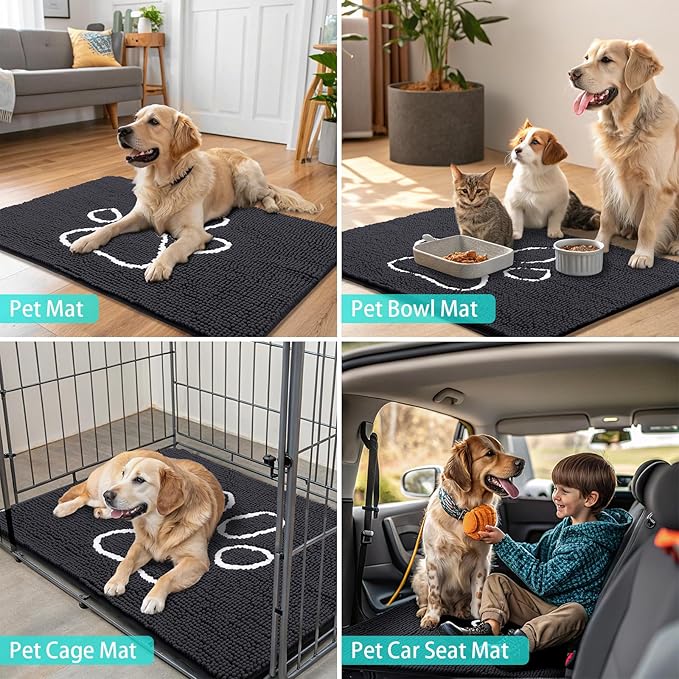Smiry Dog Door Mat for Muddy Paws, Absorbent Dirt Trapper Non Slip Quick Dry Washable Chenille Mat for Mud Dogs, Entry Rug for Indoor and Outdoor (40x24 Inches, Black and White)