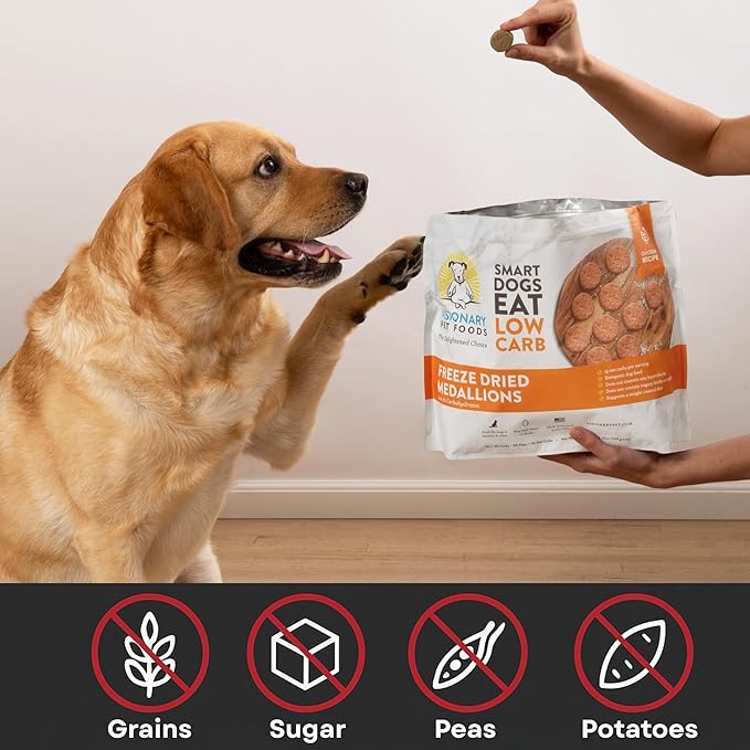 Visionary Pet Foods Low Carb Keto Dog Food <1g Net Carbs Freeze Dried Chicken Diabetic Friendly Made in USA 155 Medallions 12.5oz