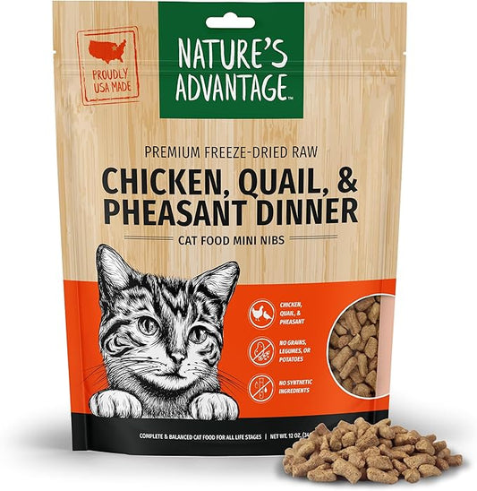 Nature's Advantage Freeze-Dried Raw Chicken, Quail, & Pheasant Dinner Cat Food Mini Nibs, 12 oz | Grain Free, High Protein Nutrition