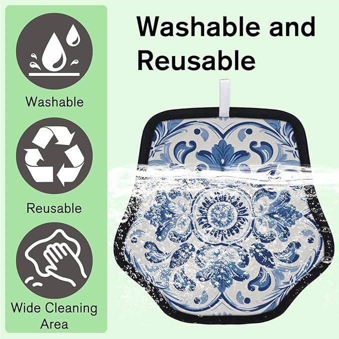 Reusable Pet Hair Removal Glove Blue Flower Design Magic Brush for Cat & Dog Hair Remover for Car, Sofa, Bedding, Clothes - 9x9 Mitt Washable