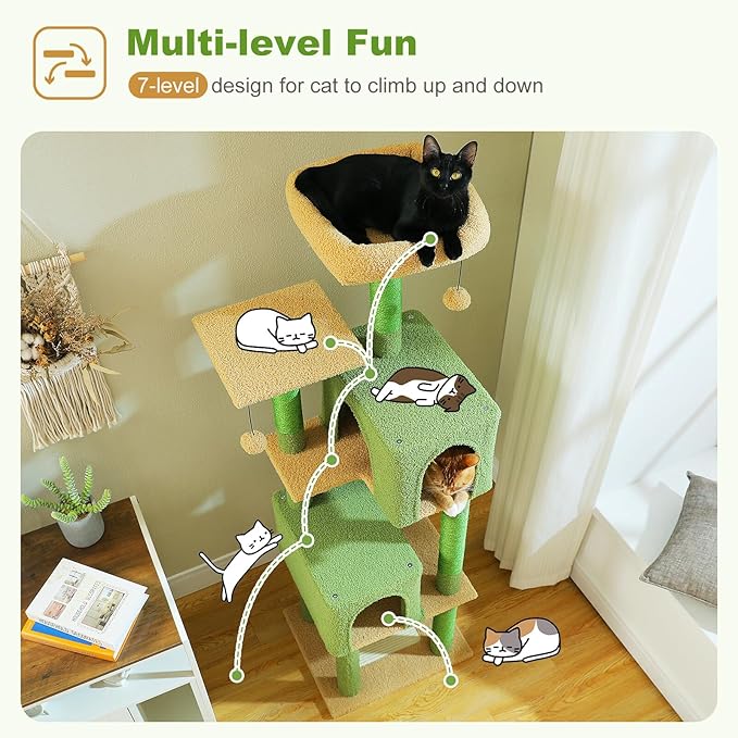 Cactus Cat Tree for Indoor Cats, 62" Multi-Level Cat Tower with 2 Spacious Condos, Scratching Pad, 4 Cat Scratching Posts, 2 Top Perches, 2 Pompoms, Green