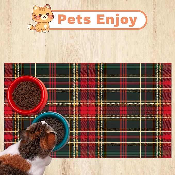 Buffalo Check Dog Food Mat for Floors Absorbent, Quick Dry Water Dispenser Mat for Food, Water, Pet Supplies 17" x 30", Farmhouse Plaid
